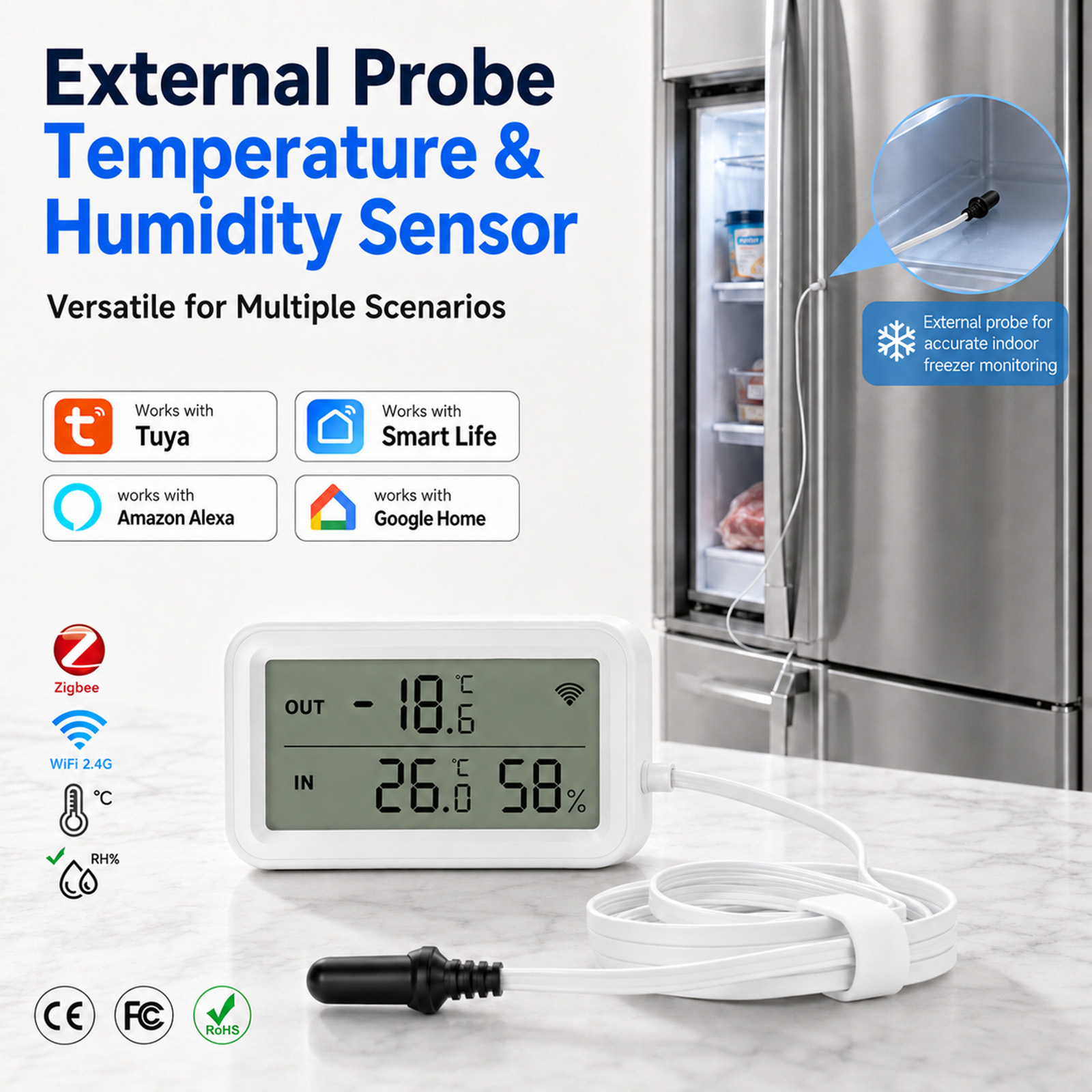 Digital Hygrometer Probe - 外部防水プローブ温度湿度センサー Tuya WiFi Zigbee LCD温度計湿度計 冷蔵庫、水槽、プール、Alexa対応